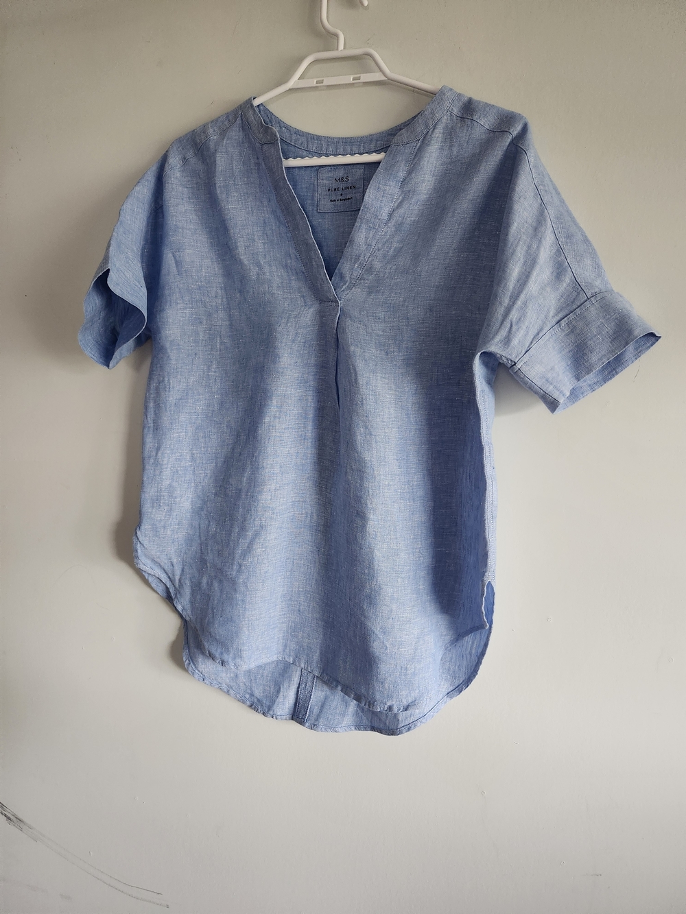 M&S Pure Linen Light Blue Blouse Size 8 | Short Sleeve V-Neck Top